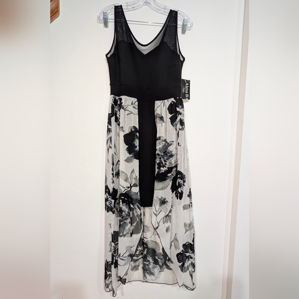 NEW Alexa B Nites Size 4 Black & White Floral Mini Dress With Wrap Skirt